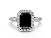 Halo Engagement Ring Setting for Fancy Black Emerald Cut Center with Narrowing Pave Band and Prong Head in White Gold