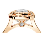 Halo Engagement Ring Setting for Radiant Cut Center with Milgrain Frame, Pave Band and Prong Head in Rose Gold
