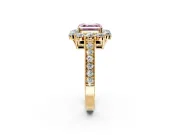 Halo Engagement Ring Setting for Fancy Pink Asscher Cut Center with Milgrain Channel Band and Prong Head in Yellow Gold