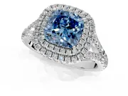 Double Halo Engagement Ring Setting for Fancy Blue Cushion Cut Center with Narrow Pave Split Shank and Prong Head in Platinum