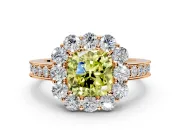 Halo Engagement Ring Setting for Fancy Yellow Cushion Cut Center with Milgrain Channel Band and Prong Head in Rose Gold