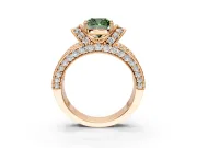 Pave Engagement Ring Setting for Fancy Green Cushion Cut Center with Curved Accent Rows, Openwork and Prong Head in Rose Gold