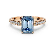 Solitaire Engagement Ring Setting for Fancy Blue Emerald Cut Center with Partway Pave Band and Prong Head in Rose Gold