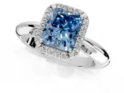 Halo Engagement Ring Setting for Fancy Blue Radiant Cut Center with Tapered Plain Band and Prong Head in White Gold