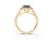 Halo Engagement Ring Setting for Fancy Blue Asscher Cut Center with Raised Halo, Pave Band and Prong Head in Yellow Gold