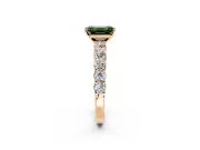 Shared-Prong Engagement Ring Setting for Fancy Green Emerald Cut Center with Graduated Accents and Prong Head in Rose Gold