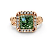 Halo Engagement Ring Setting for Fancy Green Princess Cut Center with Open Scroll Shoulders and Prong Head in Rose Gold