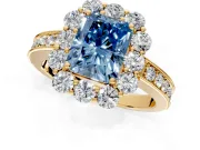 Halo Engagement Ring Setting for Fancy Blue Radiant Cut Center with Milgrain Channel Band and Prong Head in Yellow Gold