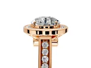 Halo Engagement Ring Setting for Round Cut Center with Outer Bezel Rim, Pave Band and Prong Head in Rose Gold