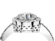 Halo Engagement Ring Setting for Round Cut Center with Heart-Shaped Openwork, Pave Band and Prong Head in Platinum