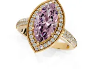 Milgrain Halo Engagement Ring Setting for Fancy Pink Marquise Center with Three-Sided Pave Band and Prong Head in Yellow Gold