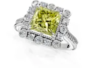 Milgrain Halo Engagement Ring Setting for Fancy Yellow Princess Cut Center with Bezel Point Accents and Prong Head in Platinum