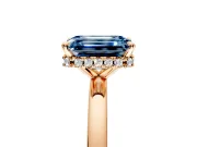 Hidden Halo Engagement Ring Setting for Fancy Blue Emerald Cut Center with Plain Band and Tall Prong Head in Rose Gold