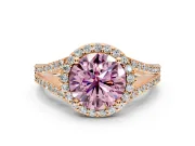 Halo Engagement Ring Setting for Fancy Pink Round Cut Center with Pave Split Shank and Prong Head in Rose Gold
