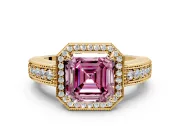 Milgrain Halo Engagement Ring Setting for Fancy Pink Asscher Cut Center with Pave Band and Prong Head in Yellow Gold