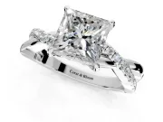 Crossover Engagement Ring Setting for Princess Cut Center with Pave and Plain Strands and Prong Head in Sterling Silver