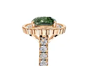 Milgrain Floral Halo Engagement Ring Setting for Fancy Green Cushion Cut Center with Pave Band and Prong Head in Rose Gold