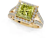Halo Engagement Ring Setting for Fancy Yellow Princess Cut Center with Narrow Pave Split Shank and Prong Head in Yellow Gold