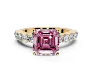 Shared-Prong Engagement Ring Setting for Fancy Pink Asscher Cut Center with Graduated Accents and Prong Head in Yellow Gold