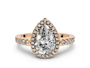Accent Halo Engagement Ring Setting for Pear-Shaped Center with Full-Length Pave Band and Prong Head in Rose Gold