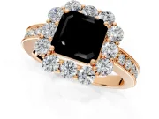 Halo Engagement Ring Setting for Fancy Black Asscher Cut Center with Milgrain Channel Band and Prong Head in Rose Gold