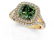 Double Halo Engagement Ring Setting for Fancy Green Cushion Cut Center with Narrow Pave Split Shank and Prong Head in Yellow Gold