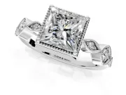 Vintage Station Engagement Ring Setting for Princess Cut Center with Accents and Prong Head in White Gold