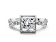 Vintage Station Engagement Ring Setting for Princess Cut Center with Accents and Prong Head in White Gold