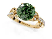 Leaf Motif Engagement Ring Setting for Fancy Green Round Cut Center with Pave Band and Prong Head in Yellow Gold