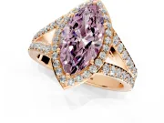 Halo Engagement Ring Setting for Fancy Pink Marquise Center with Narrow Pave Split Shank and Prong Head in Rose Gold