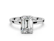 Hidden Halo Engagement Ring Setting for Emerald Cut Center with Plain Band and Tall Prong Head in Sterling Silver