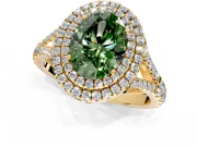 Double Halo Engagement Ring Setting for Fancy Green Oval Center with Narrow Pave Split Shank and Prong Head in Yellow Gold