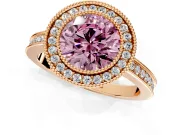 Halo Engagement Ring Setting for Fancy Pink Round Cut Center with Milgrain Halo, Pave Band and Prong Head in Rose Gold