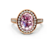 Halo Engagement Ring Setting for Fancy Pink Oval Center with Outer Bezel Rim, Pave Band and Prong Head in Rose Gold