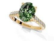 Solitaire Engagement Ring Setting for Fancy Green Oval Center with Widening Pave Band and Claw Prong Head in Yellow Gold