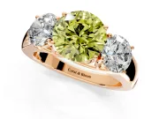 3 Stone Engagement Ring Setting for Fancy Yellow Round Cut Center with Raised Basket Heads and Prong Head in Rose Gold
