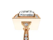 Halo Engagement Ring Setting for Princess Cut Center with Milgrain Rim, Pave Band and Prong Head in Rose Gold