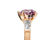 3 Stone Engagement Ring Setting for Fancy Pink Heart-Shaped Center with Channel Baguette Accents and Prong Head in Rose Gold