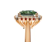 Starburst Halo Engagement Ring Setting for Fancy Green Radiant Cut Center with Thin Round-Wire Band and Prong Head in Rose Gold