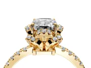 Halo Engagement Ring Setting for Emerald Cut Center with Openwork Halo, Pave Band and Prong Head in Yellow Gold