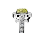 Bezel-Framed Halo Engagement Ring Setting for Fancy Yellow Cushion Cut Center with Pave Band and Prong Head in White Gold