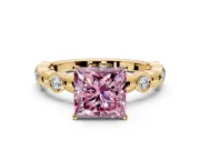 Solitaire Engagement Ring Setting for Fancy Pink Princess Cut Center with Beaded Bezel Station Band and Prong Head in Yellow Gold