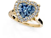 Single Halo Engagement Ring Setting for Fancy Blue Heart-Shaped Center with Corner Claws, Plain Band and Prong Head in Yellow Gold