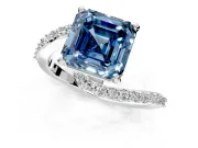 Solitaire Engagement Ring Setting for Fancy Blue Asscher Cut Center with Pave Bypass Swirl Band and Prong Head in White Gold