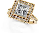 Halo Engagement Ring Setting for Princess Cut Center with Milgrain Pave Band and Bezel Head in Yellow Gold