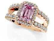 Halo Engagement Ring Setting for Fancy Pink Emerald Cut Center with Wide-Open Pave Split Shank and Prong Head in Rose Gold