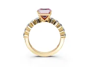 Shared-Prong Engagement Ring Setting for Fancy Pink Asscher Cut Center with Graduated Accents and Prong Head in Yellow Gold