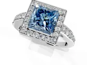 Bezel-Framed Halo Engagement Ring Setting for Fancy Blue Princess Cut Center with Pave Band and Prong Head in White Gold