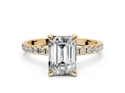 Solitaire Engagement Ring Setting for Emerald Cut Center with Fine Pave Narrow Band and Prong Head in Yellow Gold