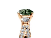 3 Stone Engagement Ring Setting for Fancy Green Round Cut Center with Pave Split Shank and Prong Head in Rose Gold